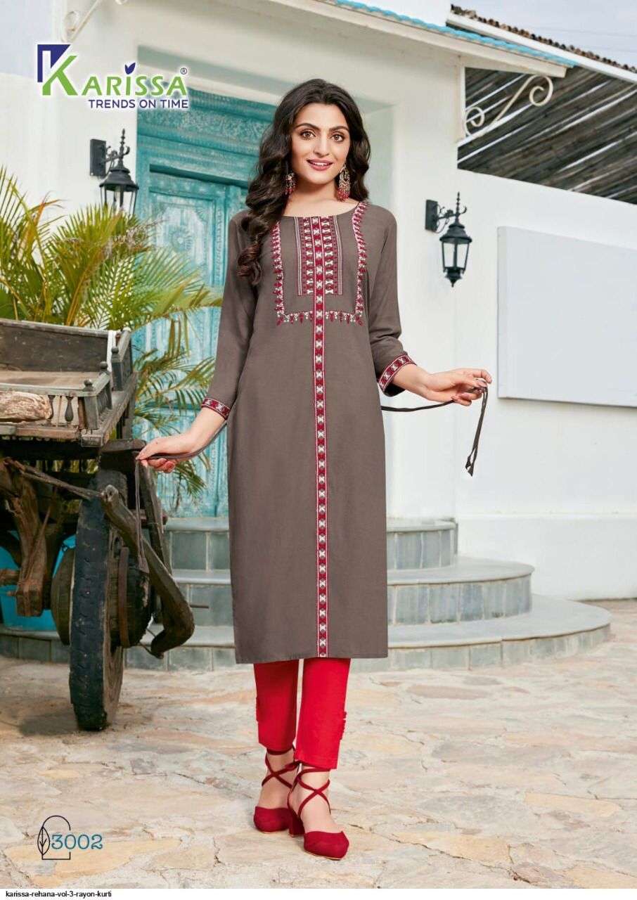 REHANA VOL 3 PREMIUM RAYON LIVA TAGS THREAD WORK AND HANDWORK KURTI WITH POCKET AND OTHER PATTERNS BY KARISSA 3002